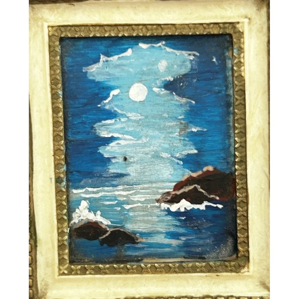 Vintage Dollhouse Miniature Night Ocean Moonlight Beach Painting In Mini Frame